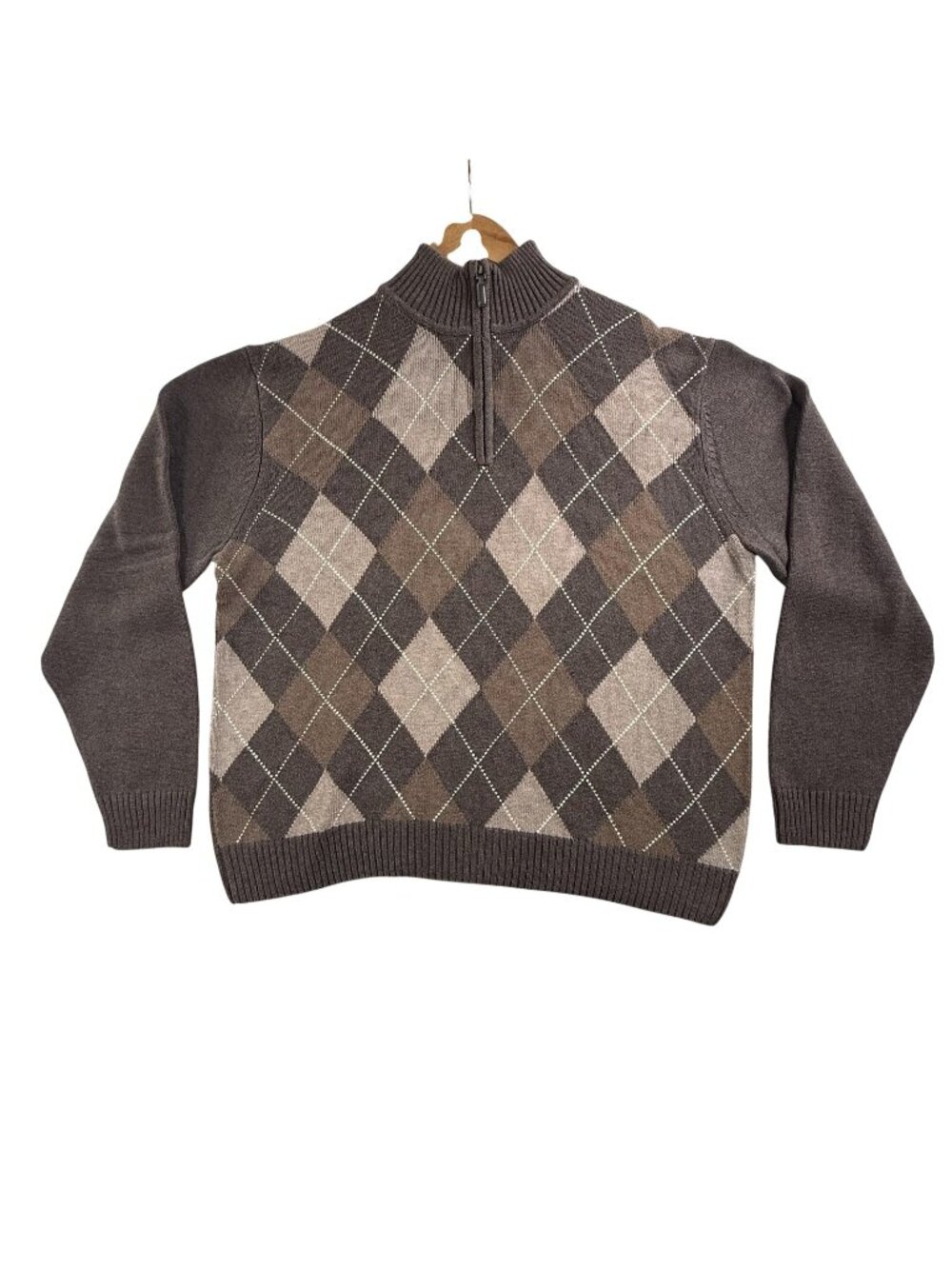Oliver & Burke Sweater Mens 2XL Brown Argyle 1/4 Zip Mock Neck Knit Pullover